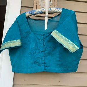 Cotton Turquoise Blue custom-made SAREE SARI BLOUSE gold border. Chest: 41” NWOT